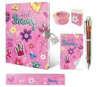 Journal Intime pour Filles avec Cadenas pour Enfants, Ensemble de journal Princesse Comprenant un Bloc-notes de 17,8x13 cm un Stylo à Bille Multicolore une Règle et une Gomme Dans un Kit Stationnaire