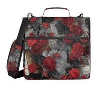 Journal rose rouge art rétro 3,8 cm 3 anneaux fermeture éclair classeur avec poignée multiples poches portefeuille portable pour école/bureau