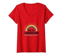Journée de l'unité : Nous appartenons Tous, Arc-en-Ciel, diversité et Inclusion T-Shirt avec Col en V, Femme, Rouge, XXL