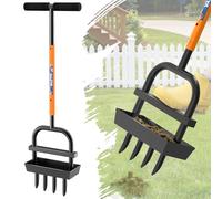 JouZYA Aérateur de pelouse réglable avec plateau de collecte du sol, 4 dents manuel pour l'entretien de la pelouse, la cour, orange (boîte mise à jour)