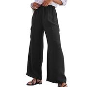 jovati Pantalon décontracté en lin pour femme avec cordon de serrage à la taille, ample, fluide, coupe droite, style bohème, plage, palazzo avec poches, Noir , M