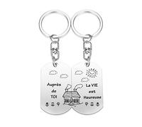 Jovivi 2PCS Porte Clef Couple Amoureux Personnalisé avec Texte Gravure Après de toi, la vie est heureuse“ en Acier Inoxydable pour Homme Femme Porte clé Amitié Amour