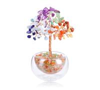 Jovivi Bibelots Arbre de Vie Cristal Chakra Pierre Naturelle sur Bol en Verre Pierre de Guérison Fengshui Tree Porte Bonheur Décoration de Bureau Maison et Domicile, 12-13cm (Chakra)