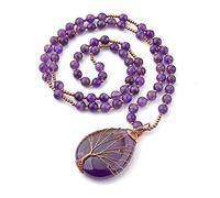 Jovivi Bijoux Pendentif Collier Améthysts Perles Pierre Naturelle Chaîne Pull Retro DIY Arbre de la Vie en Cuivre Fil Forme Goutte d'eau Pierre Precieuse d'Energie