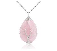 Jovivi Bijoux Pendentif Collier Quartz Rose Perles Pierre Naturelle Retro DIY Arbre de la Vie en Cuivre Argente Fil Forme Goutte d'eau Pierre Precieuse d'Energie avec Chaîne