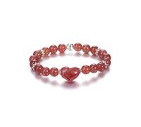Jovivi Bracelet Pierre Naturelle Femme avec Coeur Pendentif 8mm Perle Rond Bracelet Pierre Précieuse Véritable Porte Bonheur Cadeau Bijoux pour Fille Femme Maman Anniversaire (Quartz Fraise)