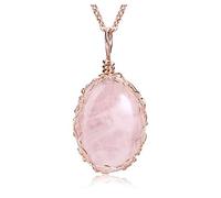 Jovivi Collier en quartz rose pour femme avec pendentif en cristal de guérison ovale rose avec fil métallique, 1 Count (Pack of 1), Cristal Cuivre Quartz rose Cristal Cuivre, Quartz