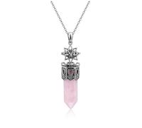 Jovivi Collier Pierre Naturelle Femme Pendentif Colonne Hexagone avec Forme d'Etoile à Huit Ciselée Collier Cristal Énergie Porte Bonheur Bijoux Cadeau Femme (Quartz Rose)
