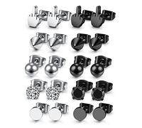 JOVIVI Lot de 10 paires de boucles d'oreilles à tige en acier chirurgical hypoallergénique pour homme et femme, boucles d'oreilles argentées et noires, 20G, Acier inoxydable Zircone cubique Acier