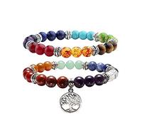 Jovivi Lot de 2PCS 7 Chakra Pierres Naturelles Perles d'Energie Bracelet Extensible Elastique Tibetain Bouddhiste avec Pendentif Arbre de la Vie