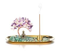 JOVIVI Porte-encens Zen Brûleur d'Encens en Laiton Arbre de Vie Pierre Naturelle Boudhha Zen Méditation Sculpture Décoration Bibelot Ornement Table Bureau - Améthyste + Quartz Rose