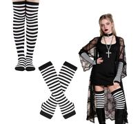JOVYTH Ensemble 2 Pièces Chaussettes Hautes Rayées et Mitaines Longues Femme, Noir Blanc, Accessoires Déguisement Halloween Carnaval Cosplay 五点描述：