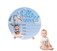 JOVYTH Plaque « Bonjour Monde » avec Petit Ours Bleu, Carte du Monde en Bois pour Pronostic de Naissance, Accessoire Décoration Chambre Bébé pour Hôpital ou Baby Shower, Recto-Verso