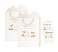 JOVYTH Sac Cadeau Naissance Bébé - 2 Sacs Cadeaux avec 2 Papiers de Soie et 2 Cartes, Cadeau Bébé Fille Garçon, Motif Renard Lapin Faon
