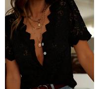 JoWins Nouveau Blouse Femme Vintage Français Élégant Manches Courtes Col V Coupe Ample Flatteur Crochet Dentelle Ajourée Pour Travailler et se Déplacer Été Noir L,M,S,XL,XS,XXLPlantesDentelle