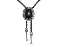Joxevyia Cravate Bolo en pierre turquoise avec corde en cuir - Cravate de cowboy occidentale unisexe - Accessoire pour garçon d'honneur - Cadeau pour lui, Jbl006-Agate noire-argent, réglable