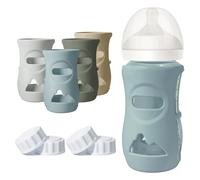 Joxodak Lot de 4 manchons en silicone pour bouteille Philips Avent Natural, housse en silicone de qualité alimentaire et 4 bouchons de voyage, couvercles de rechange (bleu foncé + vert foncé + gris +