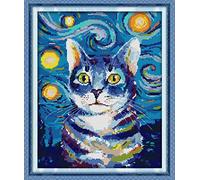 Joy Sunday Kit de broderie au point de croix estampé pour adultes, motif pré-imprimé 11 ct facile pour débutants, fils DMC, motif chat sous les étoiles, nuit étoilée, 41 x 50 cm