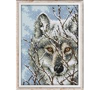Joy Sunday Kit de broderie au point de croix estampé pour adultes, motif pré-imprimé 11 CT - Kit de broderie facile pour débutants - Fils DMC - Motif loup des neiges - 27 x 39 cm