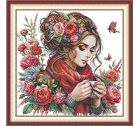 Joy Sunday Kit de broderie au point de croix estampé pour adultes, motif pré-imprimé 11 CT - Kit de broderie facile pour débutants, fils DMC - Motif A Girl with Flowers 51 × 51 cm