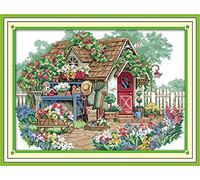 Joy Sunday Kit de Point de Croix Compté DMC Français - Fils de Qualité, Tissu 14CT pour Débutants et Experts - Design Original 2025- Cabane De Fleurs 44cm × 33cm[Cadeau Créatif]