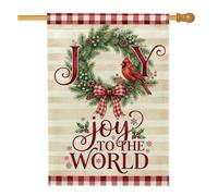 Joy To The World Cardinal Holiday Citation Drapeau Maison de Noël 71 x | Couronne à feuilles persistantes, drapeau de pelouse, bordure à carreaux de buffle, baies d'hiver, décoration extérieure