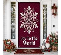 Joy To The World Couvre-porte de Noël avec citation flocon de neige 91,4 x | Grand imprimé flocon de neige, bannière de porte d'entrée, fond à motif zigzag, typographie festive, décoration saisonnière