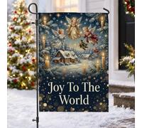 Joy To The World Drapeau de jardin Ange ange Noël 30,5 x 45,7 cm | Paysage de village d'hiver, drapeau de pelouse, figurines célestes flottantes, bougies lumineuses, thème religieux des fêtes