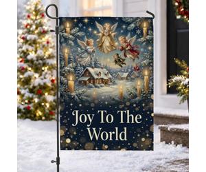 Joy To The World Drapeau de jardin Ange ange Noël 30,5 x 45,7 cm | Paysage de village d'hiver, drapeau de pelouse, figurines célestes flottantes, bougies lumineuses, thème religieux des fêtes