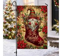 Joy To The World Drapeau de jardin avec citation de nain de Noël 30,5 x | Fleurs de poinsettia, drapeau de cour, accents de pommes de pin, bas de vacances, décoration de jardin d'hiver