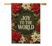 Joy to the World Drapeau de maison de Noël avec citation Poinsettia 71,1 x | Fleurs rouges et crème, drapeau de pelouse, accents de pommes de pin, bâtons de cannelle rustique, décoration de cour