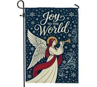 Joy to the World Drapeau de Noël avec citation d'ange 30,5 x 45,7 cm | instrument de musique trompette, drapeau de cour, motifs flocon de neige, thème nuit d'hiver, art religieux