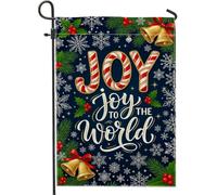 Joy to the World Drapeau de Noël avec citation d'hiver en sucre d'orge 30,5 | Typographie de canne à sucre, drapeau de pelouse, motif flocon de neige blanc, baies de houx et aiguilles de pin