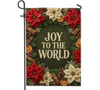 Joy to the World Drapeau de Noël avec citation Poinsettia 30,5 x 45,7 cm | Fleurs rouges et crème, drapeau de pelouse, accents de pommes de pin, bâtons de cannelle rustique, décoration de cour