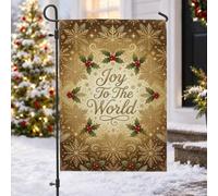 Joy To The World Drapeau de Noël en forme de flocon de neige Doré 30,5 x | Baies de houx, drapeau de cour, texte de calligraphie, esthétique dorée métallisée, feuillage d'hiver