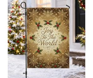 Joy To The World Drapeau de Noël en forme de flocon de neige Doré 30,5 x | Baies de houx, drapeau de cour, texte de calligraphie, esthétique dorée métallisée, feuillage d'hiver