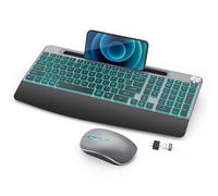 JOYACCESS Ensemble Clavier et Souris sans Fil AZERTY, Combo Rechargeable Rétroéclairé avec Support Téléphone et Molette Volume, Clavier Taille Réelle Silencieux pour PC, Mac, Windows, Bureau
