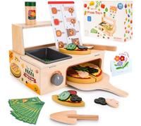 JOYBOY Jouet à Pizza en Bois,Set à Pizza en Bois,Set de Cuisson Pizza en Bois,50 Pièces Cuisine Enfant,Accessoire Jeu Alimentaire,Jeu de Rôle,Ustensile en Bois pour Garçons Filles de 3+ Ans