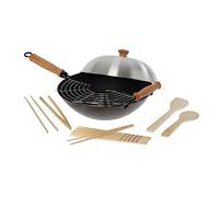 Joyce Chen Ensemble de wok 10 pièces de 35,6 cm avec poêle en acier au carbone antiadhésive avec couvercle et poignées en érable, support Tempura, ustensiles et livre de recettes