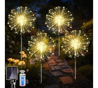 Joycome Lampe Solaire Exterieur Jardin 4x150 LED Feu d'artifice Solaire, 8 Modes Éclairage Extérieur Solaire Étanche Lampe Solaire de Pissenlit pour Jardin Terrasse Noël Décoration - Blanc Chaud