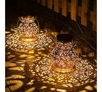 JOYCREATOR Lot de 2 lanternes solaires d'extérieur résistantes aux intempéries IP65 avec crochets, en métal, 15 lm, lampes solaires orientales pour jardin, balcon, terrasse, cadeaux pour femme