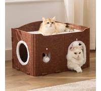 Joydeco Niche pour chat d'intérieur en feutre extra large résistante aux rayures avec boule moelleuse et tunnel pour chaton, petits chiens, lapins, 57 x 35 x 38 cm, café