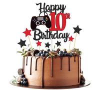 Joyeah Décoration de gâteau d'anniversaire « Happy 10th Birthday » à paillettes - Thème jeu vidéo - « Cheers to 10 years » - Rouge