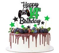Joyeah Décoration de gâteau d'anniversaire « Happy 14th Birthday » à paillettes - Thème jeu vidéo - « Cheers to 14 years » - Vert