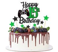 Joyeah Décoration de gâteau d'anniversaire « Happy 15th Birthday » à paillettes - Thème jeu vidéo - « Cheers to 15 years » - Vert