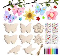 JOYEASE Lot de 57 kits de bricolage pour enfants, anniversaire d'enfant | Kit créatif pour enfants, papillon, fleur, oiseau, pendentif en bois à peindre, kit créatif avec crayon aquarelle et