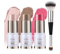 Joyeee 3Pcs Contouring Sticks avec Pinceau, Highlighter & Blush & Contour, non gras et résistant à l'eau, facile à sculpter le visage et à créer un maquillage de finition léger