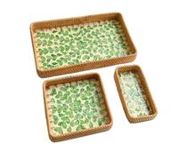 Joyeee Ensemble de 3 paniers de service tissés naturels, 1 grand plateau de service rectangulaire en rotin, 1 plateau tissé carré et 1 petit panier rectangulaire long et étroit pour la maison, le