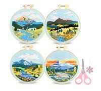 Joyeee Kit Broderie Debutant, 4pcs Motifs Montagne Kit de Broderie avec Fil à Broder Tambour Broder Outils Inclus und Instructions, Embroidery Starter Set pour Débutant