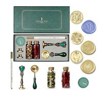 Joyeee Kit de cachet de cire avec boîte cadeau, vintage amovible en laiton - Lettre M - Tête de tampon d'élan et de remerciement - Perles de cire - Poignée en métal - 2 couleurs - Convient pour cadeau